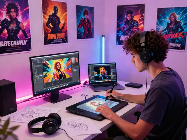 Creative artist generating 18+ ai visuals in a vibrant studio filled with digital art.