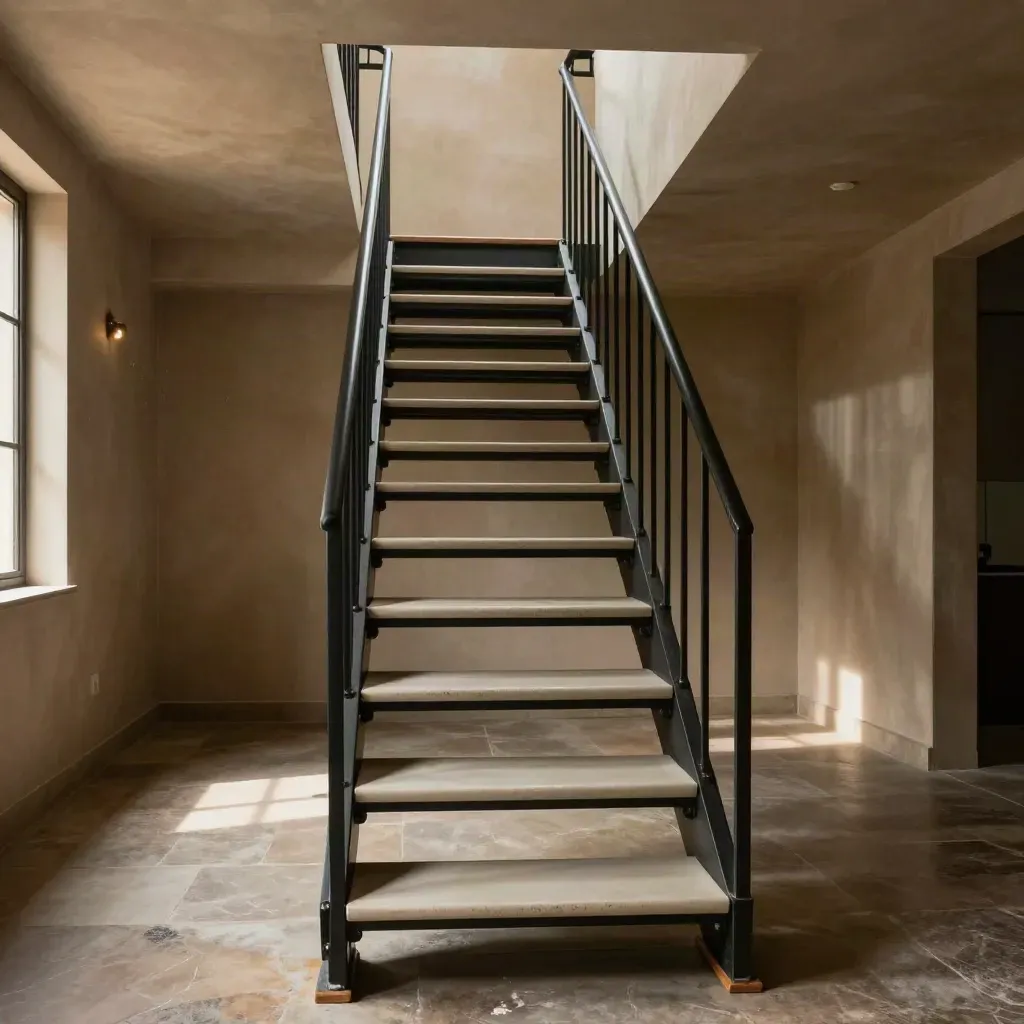 Escalier droit en acier noir dans une cage neuve, marches protégées et lumière chaude.