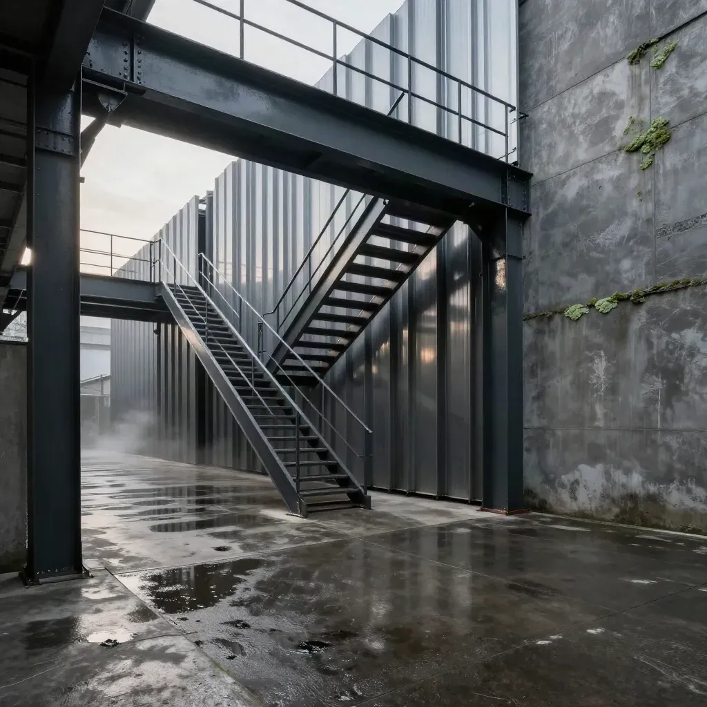 Cour d’atelier acier sous la pluie, escalier et portail baignés de lumière matinale