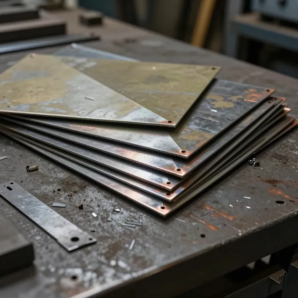 Panneaux de tôle découpés au plasma en éventail sur table de coupe, lumière dramatique.