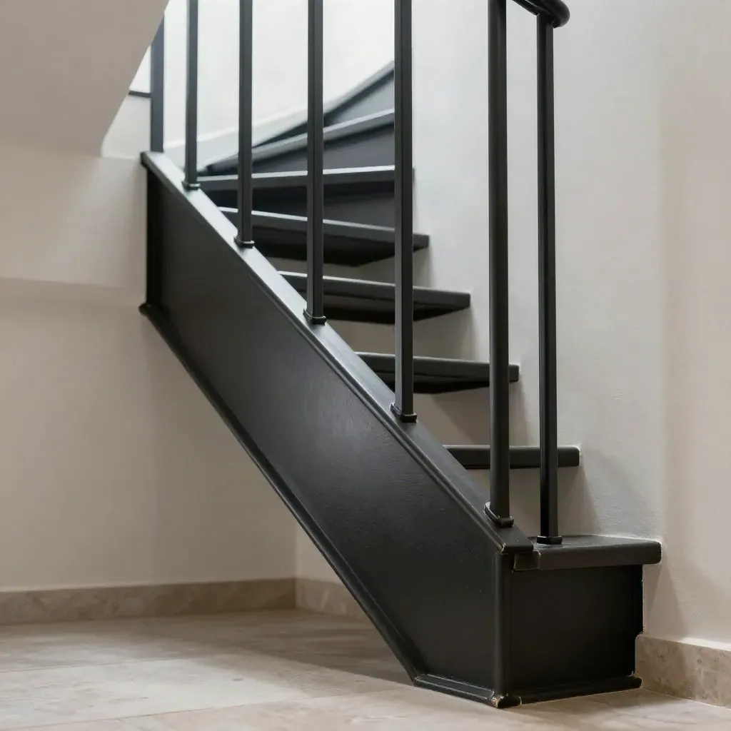 Escalier droit noir mat dans une cage étroite, vue en contre-plongée, murs clairs.