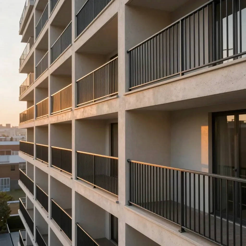 Balcons neufs avec garde-corps en acier sombre sur façade d’immeuble, lumière d’après-midi.