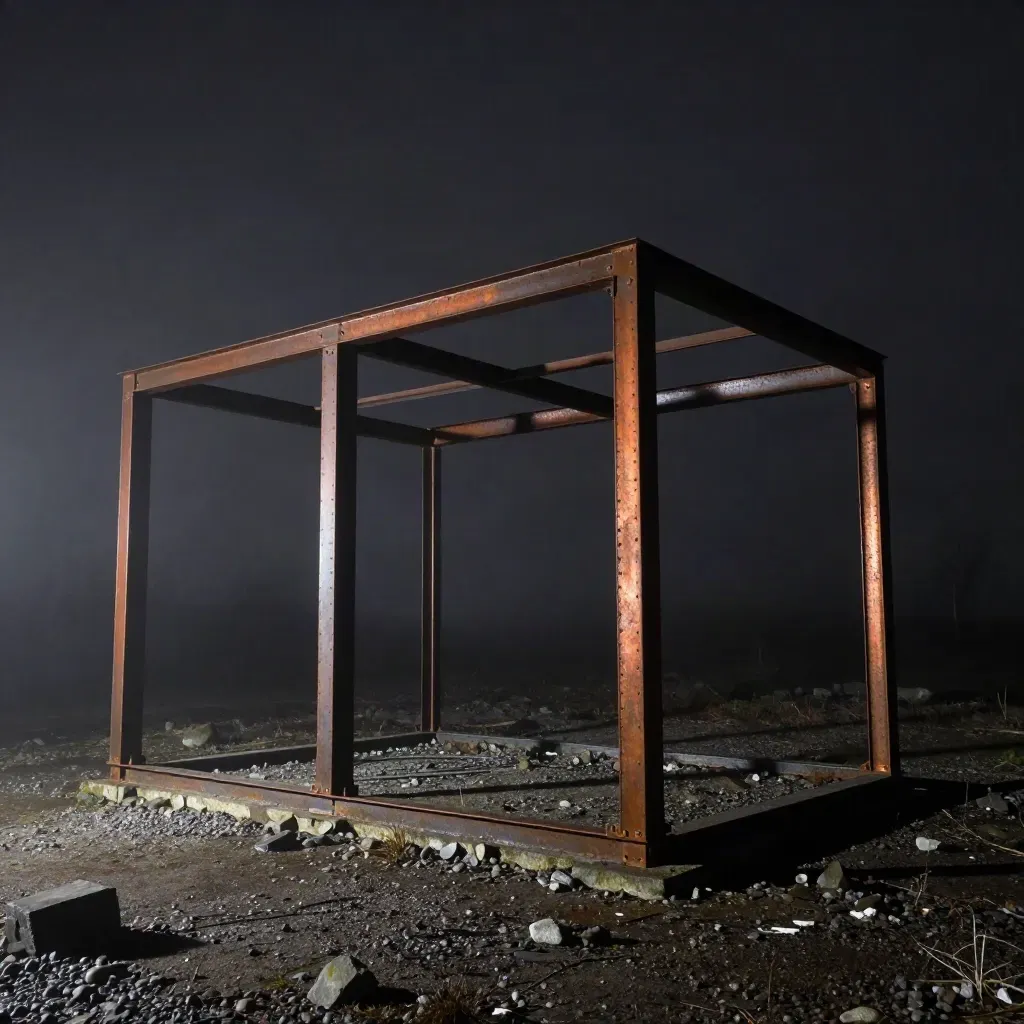 Ferme de toiture réparée sous une halle, soudures visibles dans une brume nocturne.