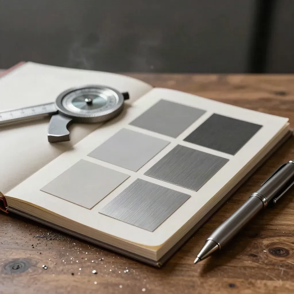 Classeur d’échantillons, pastilles gris acier, jauge d’angle et stylo métal sur établi.