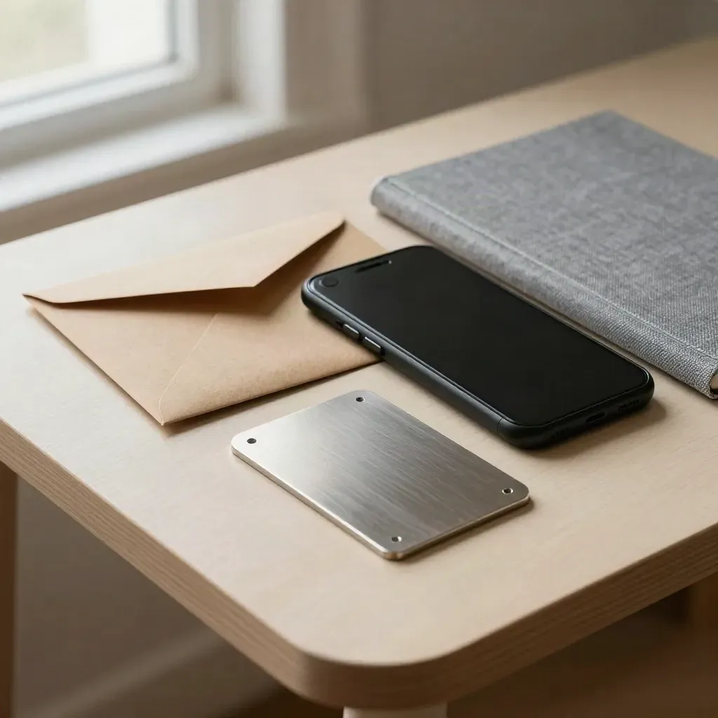 Téléphone noir, enveloppe kraft, carnet gris et pièce d’acier sur bois clair.