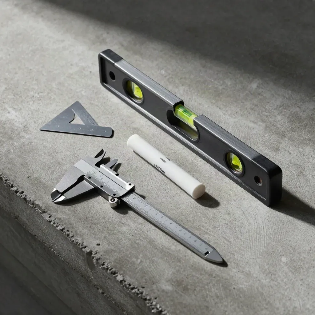 Vue zénithale d’outils de relevé métal sur béton, prêts pour une visite et devis.