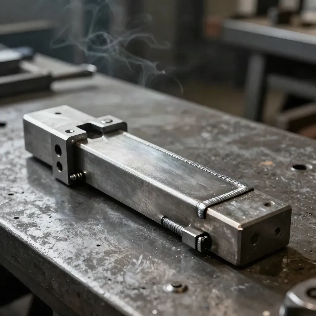 Gabarit d’assemblage en acier, pinces et cordons meulés sur une table d’atelier sombre.