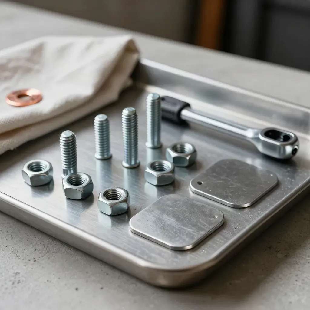Kit de fixation en métal sur plateau, clé à cliquet et platines en lumière douce.