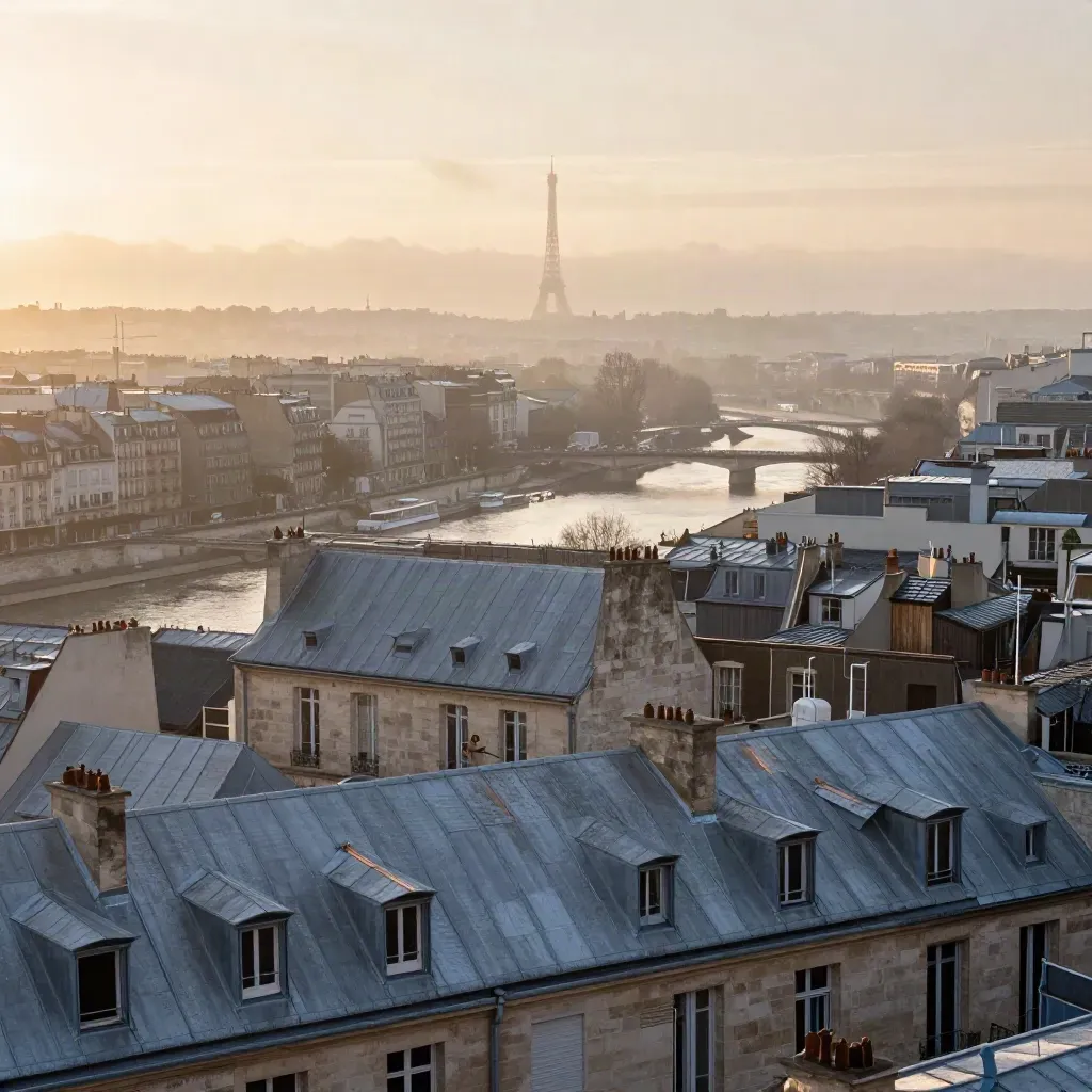 Vue dorée de l’Île-de-France, toits de zinc, Seine brumeuse et silhouette parisienne lointaine.