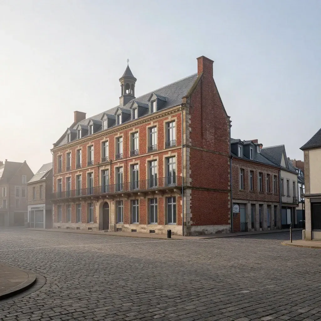 Façade de briques et beffroi des Hauts-de-France au-dessus d’une place calme.