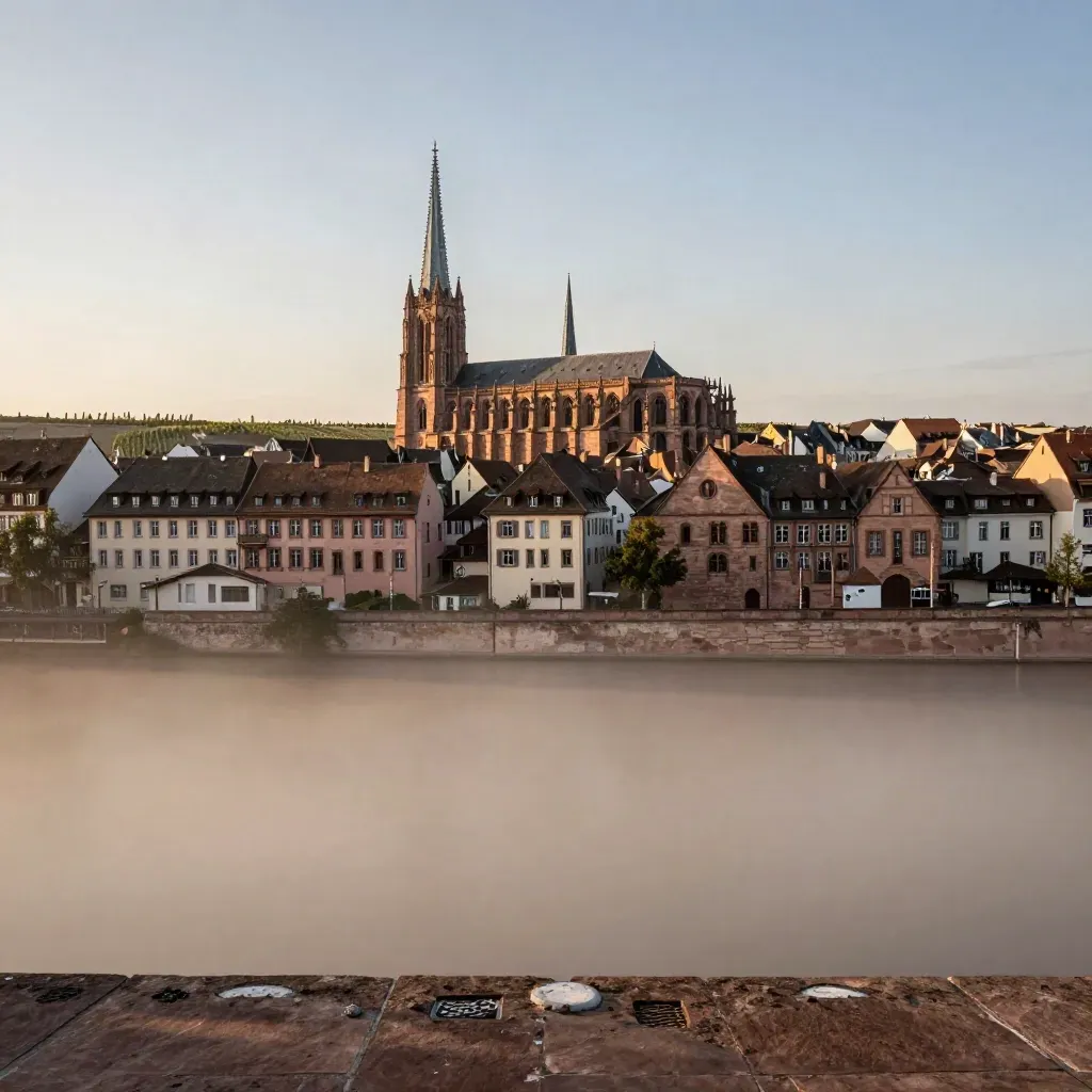 Façades de grès rose de Strasbourg au loin, vignes et ciel clair, lumière chaude du soir.