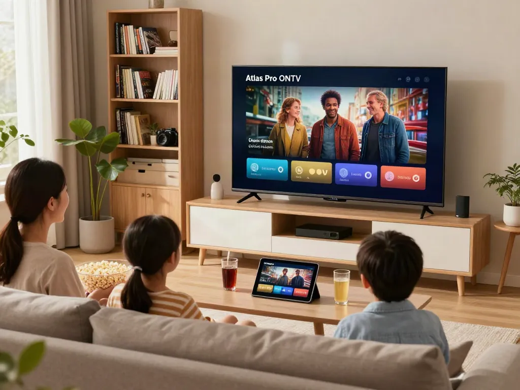 Famille profitant de l'application Atlas Pro ONTV sur leur Smart TV dans un salon moderne, ambiance conviviale.