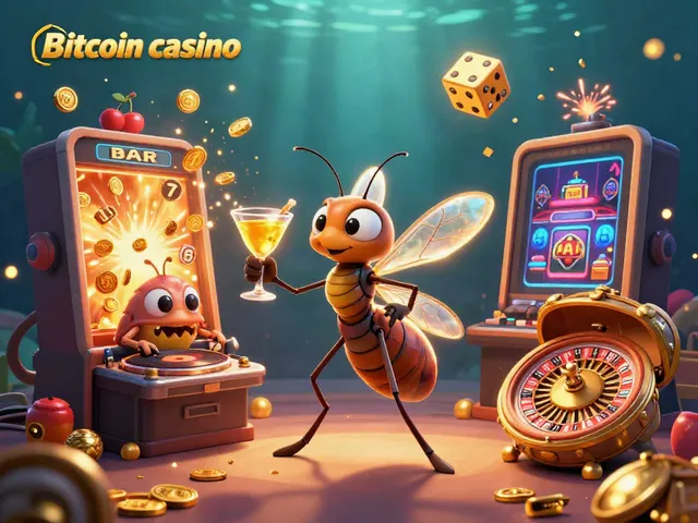 Une scène dynamique dans un casino Bitcoin avec un moustique, un DJ trilobite et une roulette en ammonite.
